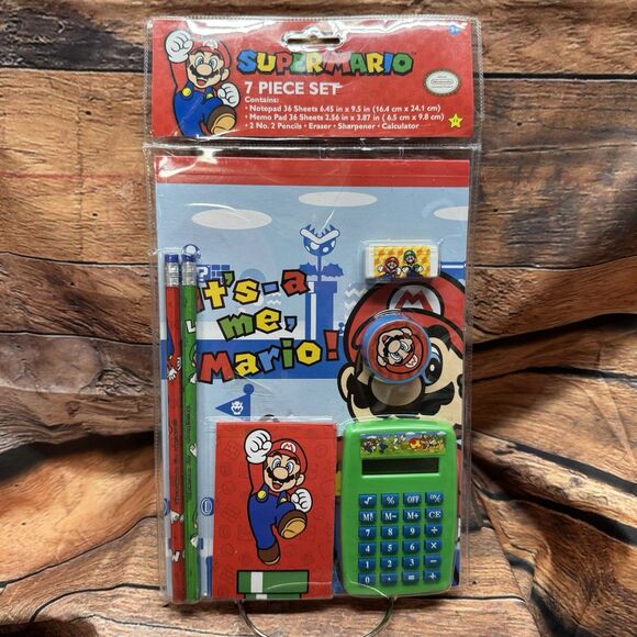 Nintendo Super Mario School Supply 7 Piece Stationery Set Calculator Pencils Pad - Picture 1 of 6